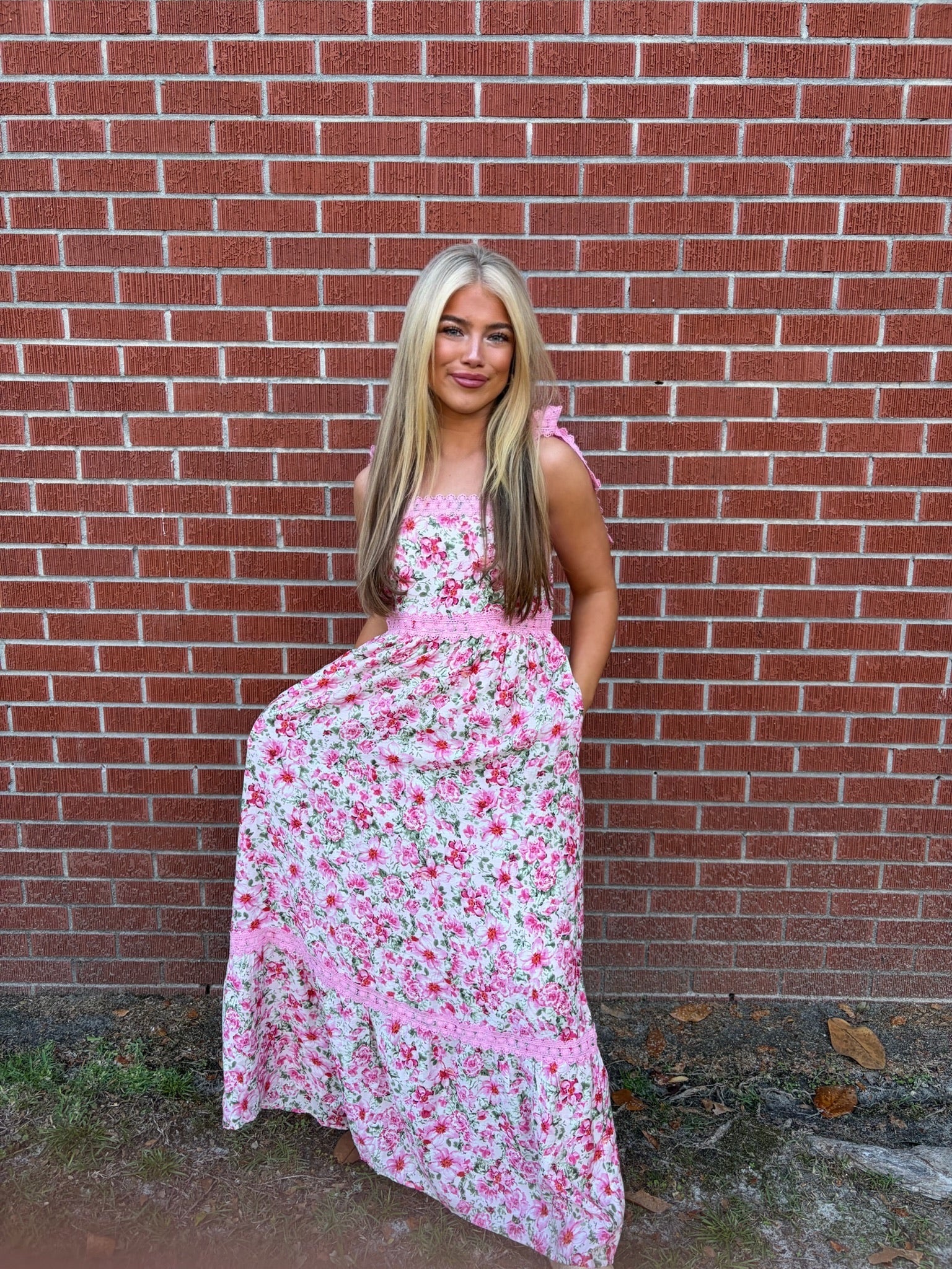 Pink Floral Lace Maxi Dress